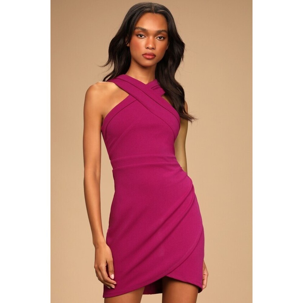 Lulus Headed To Cocktail Hour Magenta Halter Tulip Mini Dress Purple - Size L